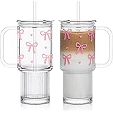 INSETLAN 26oz Cute Pink Bow Glass Cup with Lid and Straw, Girly Preppy Aesthetic Glass Tumbler with Handle, Birthday, Valentine’s & Christmas Gift for Women, Teens & Friends