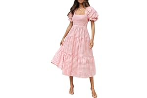 ZESICA Women's 2025 Bohemian Summer Plaid Square Neck Puff Sleeve Ruffle Flowy Beach Midi Dress