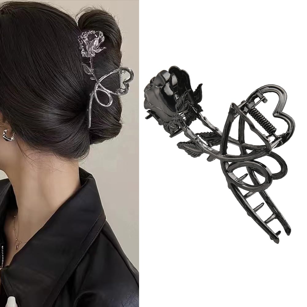 Photo 1 of Black Rose Hair Claw Clips Flower Hair Barrette Clip for Thick Thin Hair Strong Hold Hair Clamp Jaws for Women Girl Fashion Halloween Hair Accessories for Women Halloween Costume Decoration Gifts