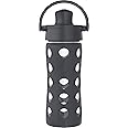 Lifefactory 12-Ounce Glass Water Bottle with Active Flip Cap and Protective Silicone Sleeve, Carbon