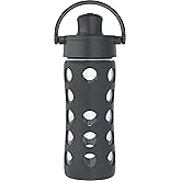 Lifefactory 12-Ounce Glass Water Bottle with Active Flip Cap and Protective Silicone Sleeve, Carbon