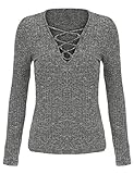 ROMWE Women's Long Sleeve Bodycon Tee Shirt Deep V Neck Lace Up Top