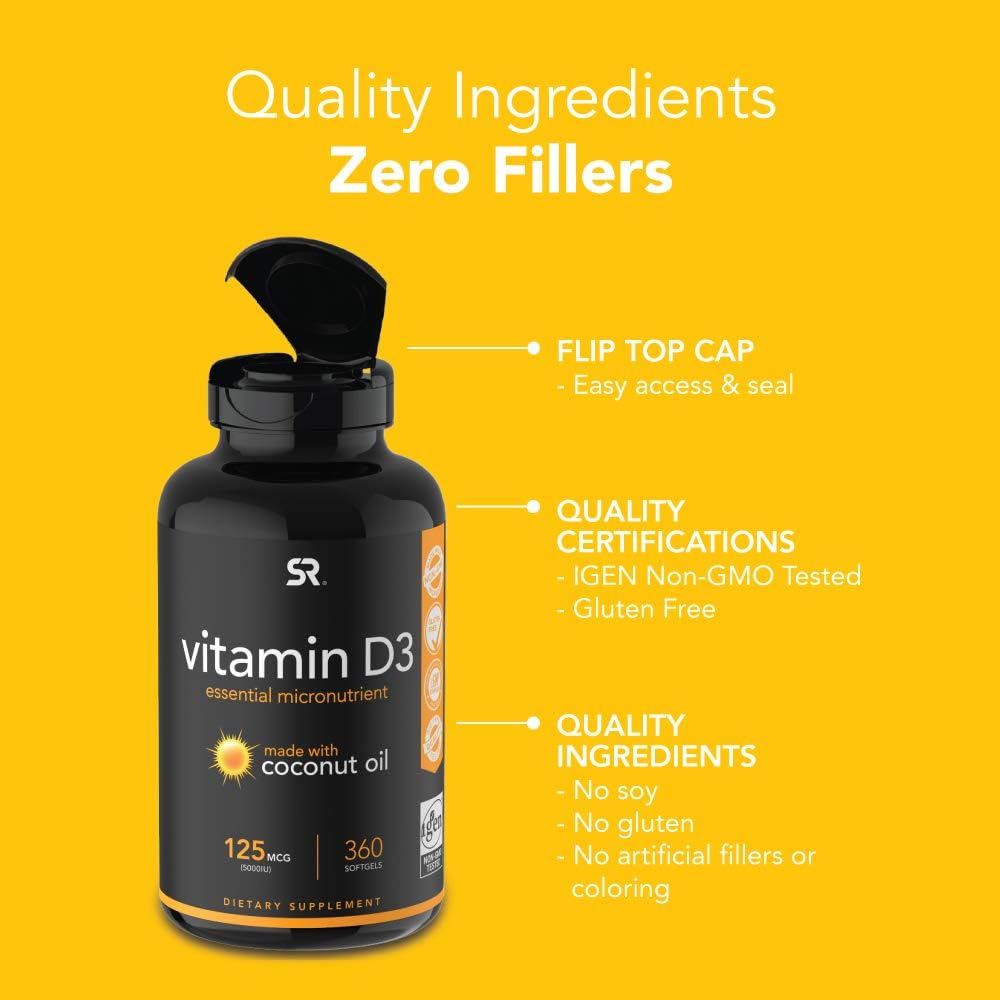 Vitamin D3 (5000iu/125mcg) Infused with Coconut Oil ~ Non-GMO & Gluten Free (360 Mini Liquid Softgels): Health & Personal Care