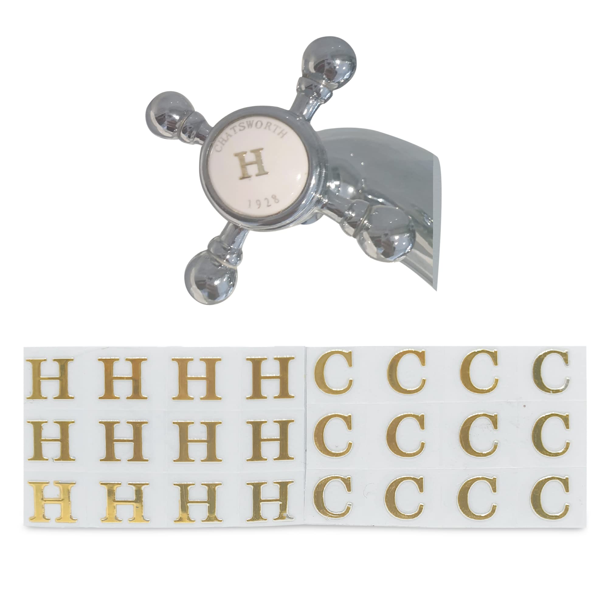 Stick-A-TAP A Set of 12 Hot & 12 Cold Replacement, Vinyl Tap/Faucet Stickers (H&C-Gold)