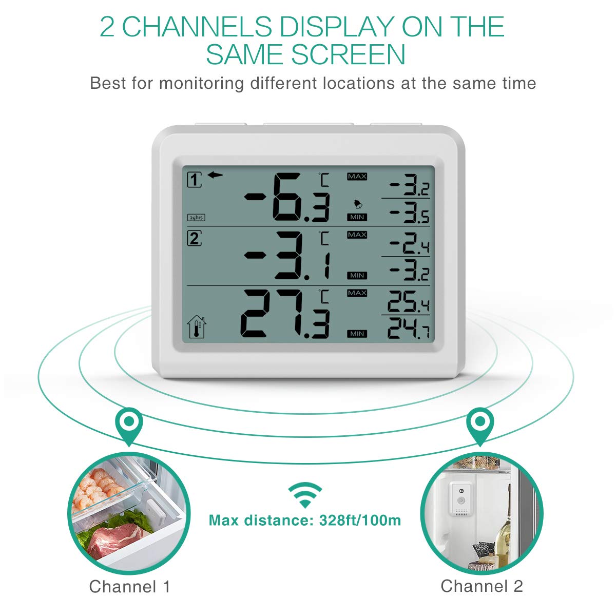 Alarma Termómetro Inalámbrico Para Freezer - 2 Sensores, Pantalla LCD, Alarma Audible, Rango -40°C A 60°C, Para Cocina Hogar