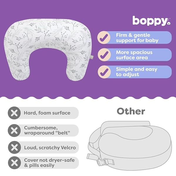 BOPPY NURSING PILLOW – FIRM, ERGONOMIC U-SHAPED BOTTLE AND BREASTFEEDING PILLOW WITH HIGH LIFT FOR COMFORT AND SUPPORT, SPACIOUS SURFACE – GRAY GENTLE LEAVES