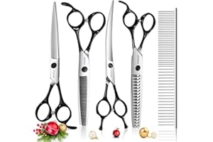 Professional Dog Grooming Scissors Kit 4pcs FOGOSP 7 inch Curved Thinning Straight Chunker Shears for Dogs Cat Pets (7 in Kit, Black)