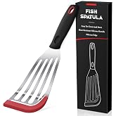 Fish Spatula, Heat Resistant Silicone Edge for Nonstick Cookware | Dishwasher Safe, Slotted Fish Turner, Stainless Steel Cooking Utensils for Flipper Egg, Flexible and Thin Edge
