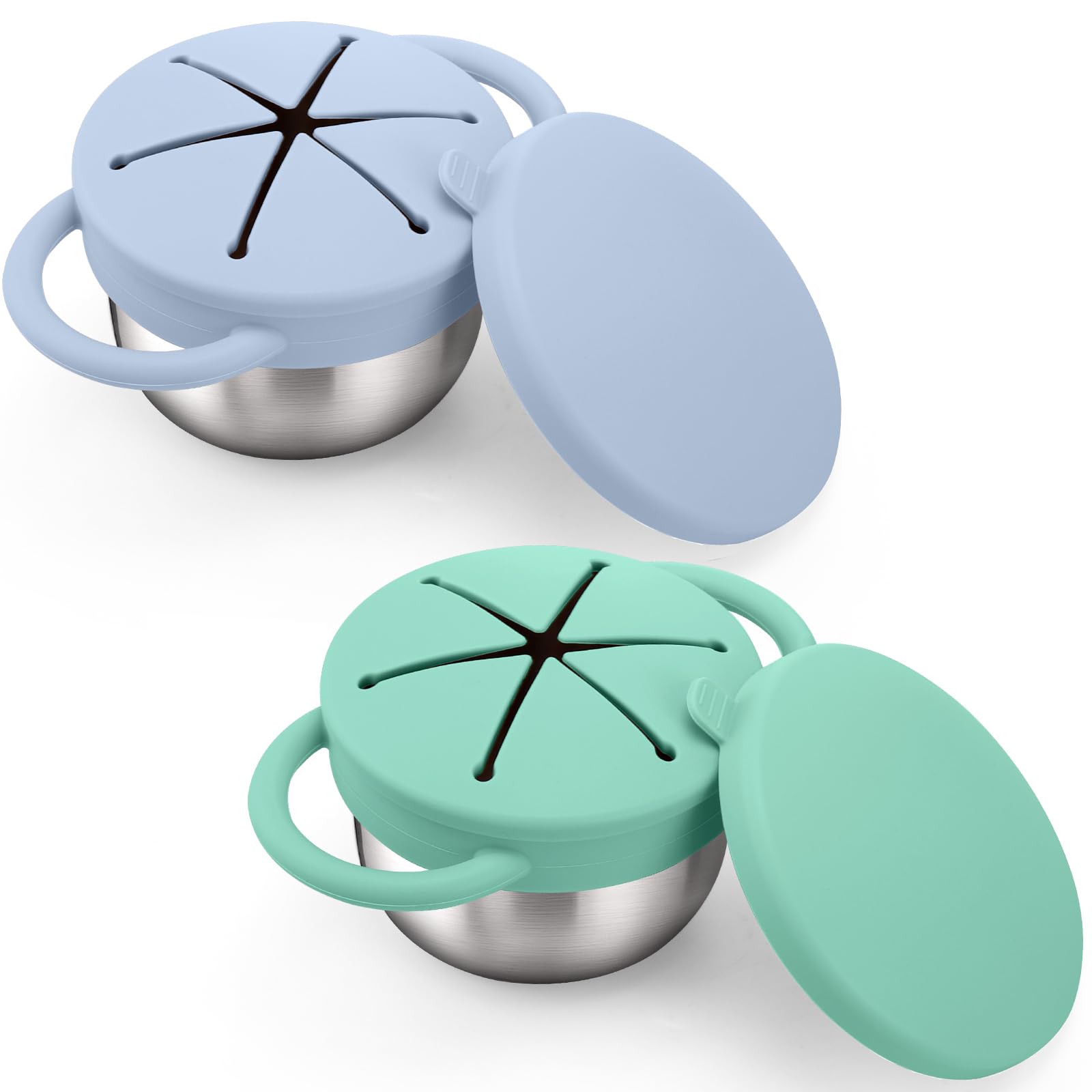 Photo 1 of BUSOHA 2 Pack Stainless Steel Toddler Snack Cups - 9 OZ Spill-Proof Baby Snack Containers with Silicone Catcher and Lid Travel Snack Containers for Kids Food Grade Silicone Dishwasher Safe