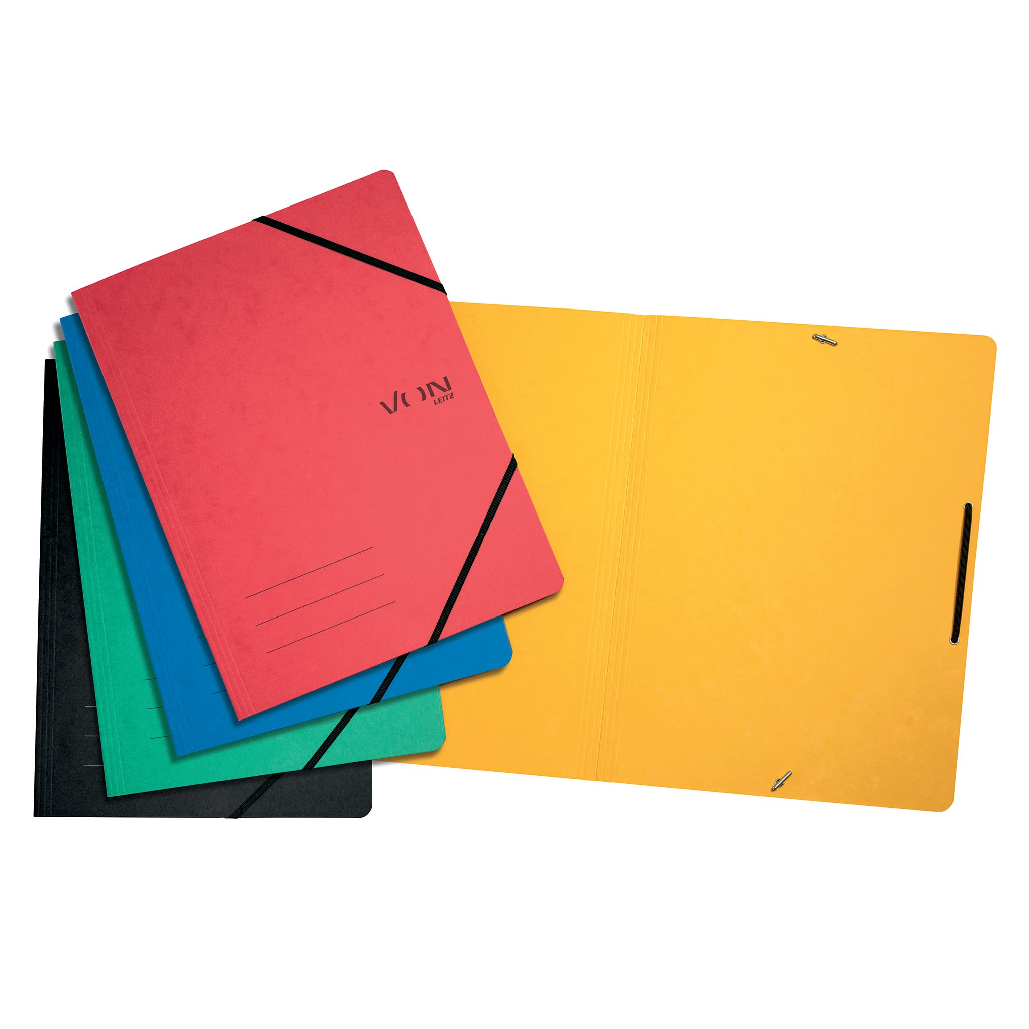 VON Leitz 30111099 Pack of 5 A4 Folder Recycled Cardboard, for 150 Sheets, Folder with Elastic Band, with Modern Von Print, Lightweight Folder for School and Home, Multicoloured, Pack of 5