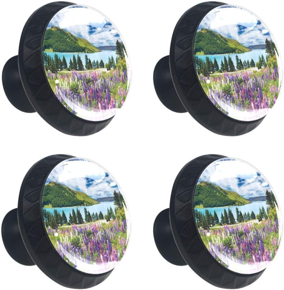 Floral Mountain Meadow Valley by Lake with Blossom Petals Inspiration Picture Cabinet Knobs Drawer Handle Pull with Screws for Home Office Wardrobe Cupboard Dresser Door