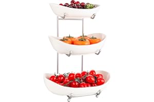 MEIGLQEA 3 Tier Fruit Basket for Kitchen Counter, Silver/White Ceramic Fruit Bowl for Countertop, Home Fruit Rack with Holder