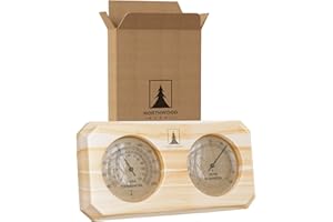 Northwood Sauna - Sauna Thermometer and Hygrometer 2 in 1 - Fahrenheit & Celsius - Handmade from Finnish Pine Wood - Luxurious Golden Metal Dials