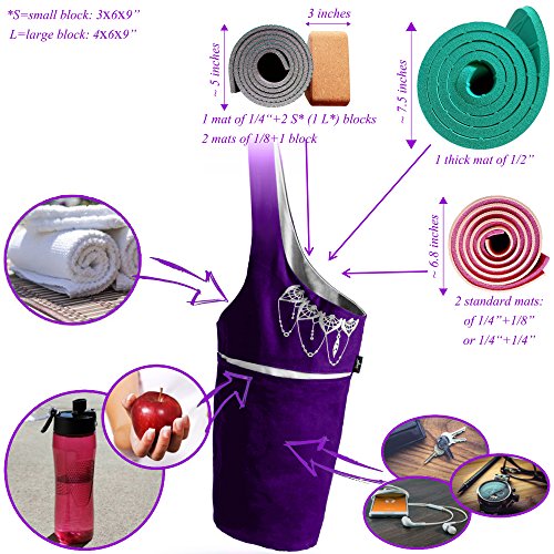 Zenifit Yoga Mat Bag - Elegant & Embroidered Cotton Tote With 2 Pockets | Wide Sling Carrier With Long Strap & 2 Elastic Mat Bands (Imperial Purple & Ash Gray