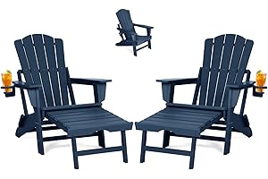 LETKIND Folding Adirondack Chair with Retractable Ottoman Set of 2, All Weather Fire Pit Chairs with Cup Holder, Outdoor Chair with Ottoman,Navy Blue