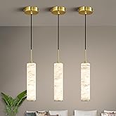 LMQNINE Natural Alabaster Pendant Lights for Kitchen Island White Marble Long Tube Chandelier 4000K Modern Gold Ceiling Light