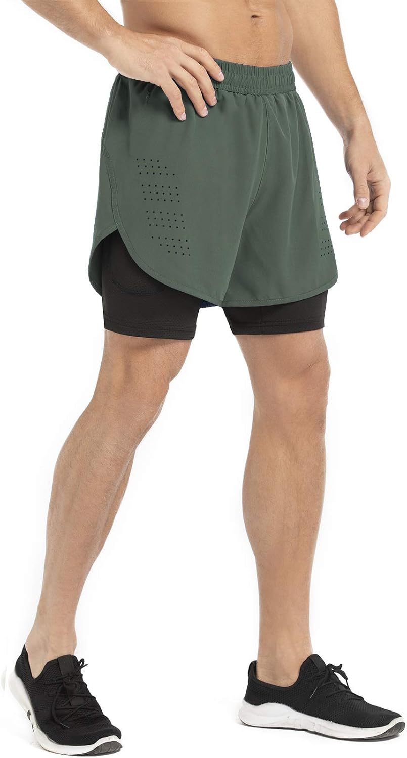 Gesean Men's 2 in 1 Workout Running Shorts 5" Lightweight Gym Training Sport Short with Phone Pockets: Clothing