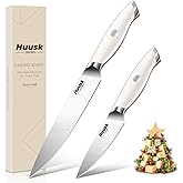 Huusk Paring Knife Set 2PCS - Razor Sharp 5" Kitchen and 3.5" Peeling Knives Well Balanced Vegetable Fruit Knife with Ergonomic White Handle Present Gift for Men Women