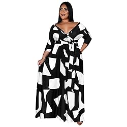 Runwind Plus Size Dress for Women 3/4 Sleeve V Neck