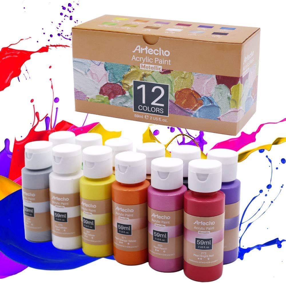 Artecho Metallic Acrylic Paint Set, 12 Colors, 2 Oz/59ml, for Wood Fabric, Canvas, Leather & Stone, 12 Metallic Colors