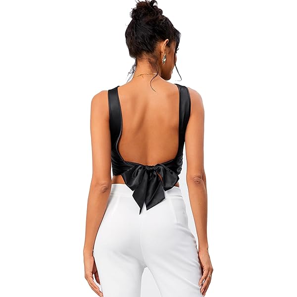 Tie Satin Top (as1, Alpha, one_Size, Regular, Regular, Black) at Amazon  Women's Clothing store