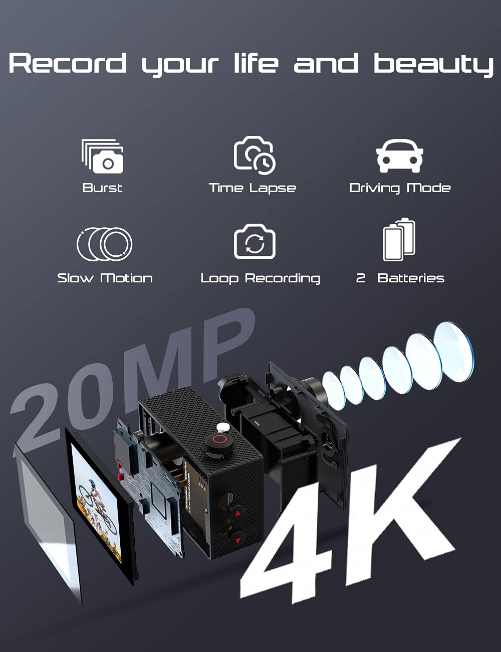 Apexcam M80air Action Camera 4K 60FPS 64MP WiFi Sports Underwater Camera Waterproof 40M EIS With Ultra HD 2.4G Remote 2 x 1350mAh Batteries and Accessories - Image 3