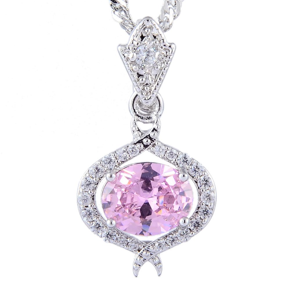 RIZILIA Pendant with 45cm(18") Chain & Oval Cut Gemstones CZ [Pink Sapphire] in 18K White Gold Plated, Simple Modern Elegance — image 1