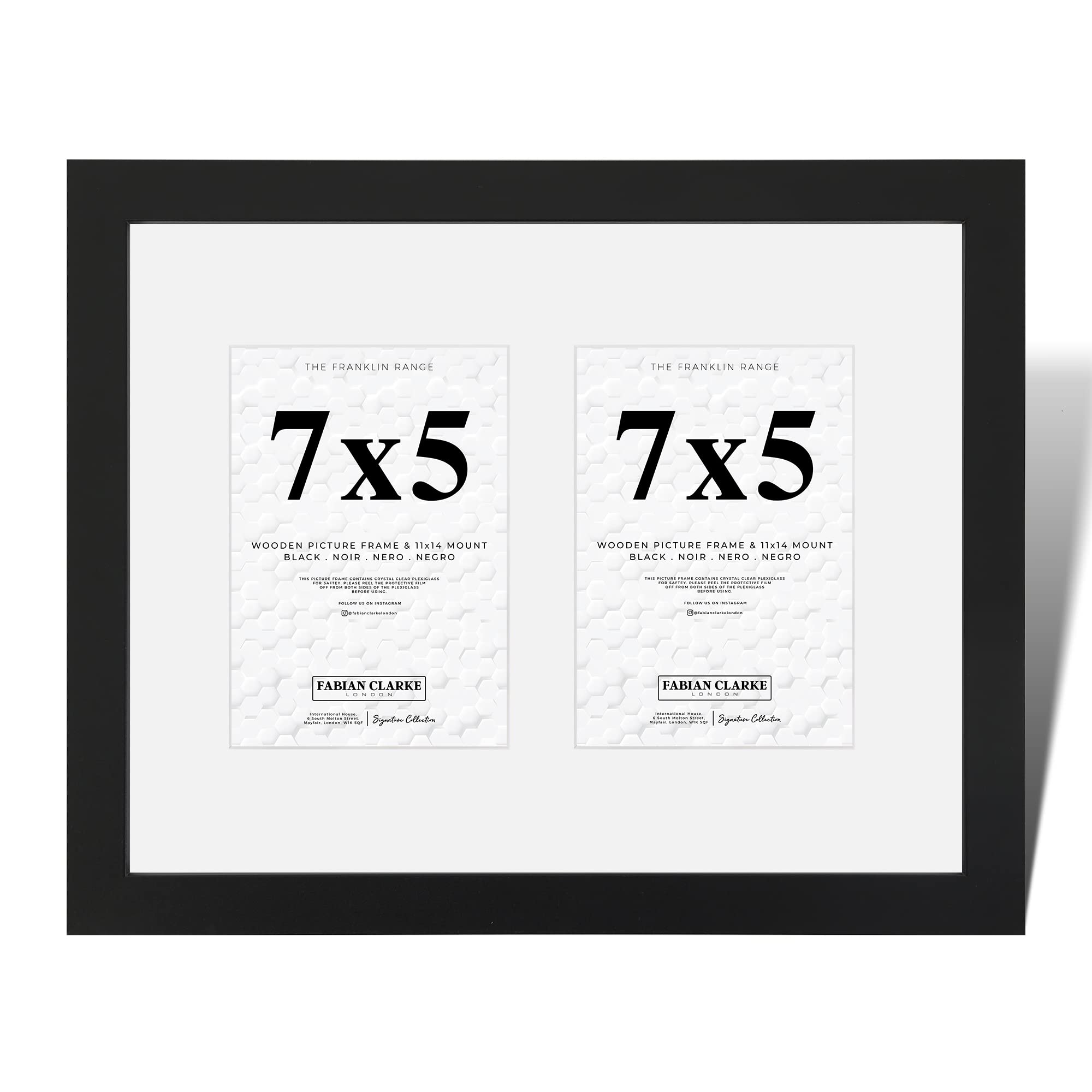 Fabian Clarke London Modern 14x11 Picture Photo Frame with White Mount For Two 7x5 Photos Multi Aperture Wood Moulding (Black)