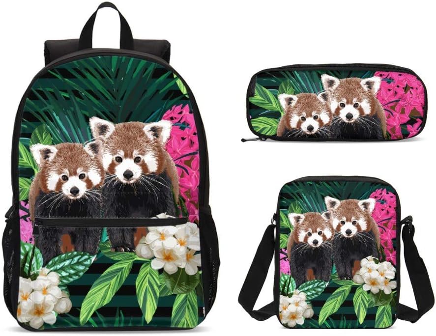 PrelerDIY Red Panda Backpack Set 3 Piece 17 Inch Plus Book Bag Shoulder Bag Pencil Case for Boys Girls 1-6th Grade Kids Back to School