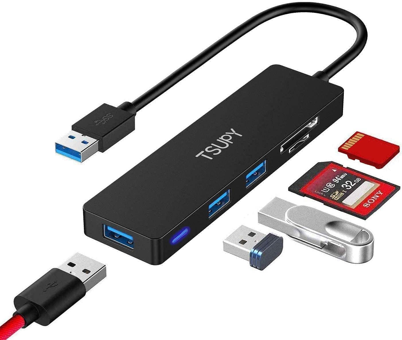 USB Hub Card Reader, TSUPY USB 3.0 Hub, 5 in 1 Card Reader with 3*USB 3.0+1*SD+1*Micro SD, Extension Adapter for Laptop, Computer, PS4/5, USB Stick, Keyboard, Mouse etc.