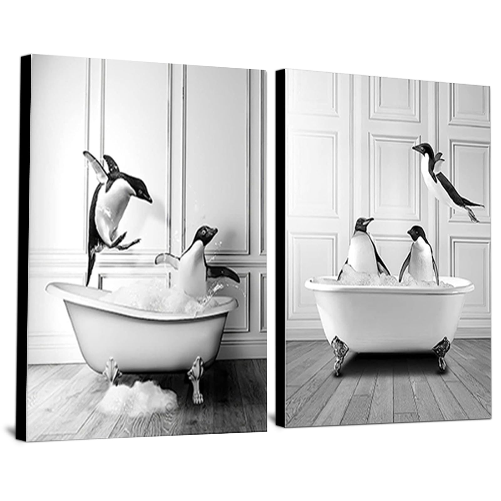 QPLGTU Bathroom Home Background Wall Decoration Poster, Black and White Highland Cow Decoration Photo Wallpaper, Fun Animal Print Poster, Frameless (penguin, 30x40cm*2)