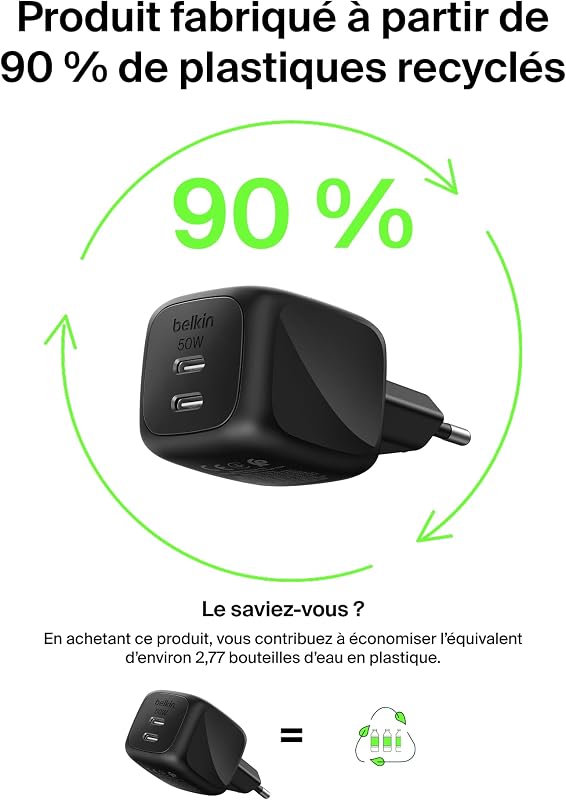 Chargeur USB C Multiple, 50 W, Chargeur Secteur GaN 2 Ports, Recharge Rapide pour MacBook, iPhone 17, iPad Pro, Chromebook, Galaxy S25 Ultra, Pixel 10, etc. - Accessoires de Voyage - Noir