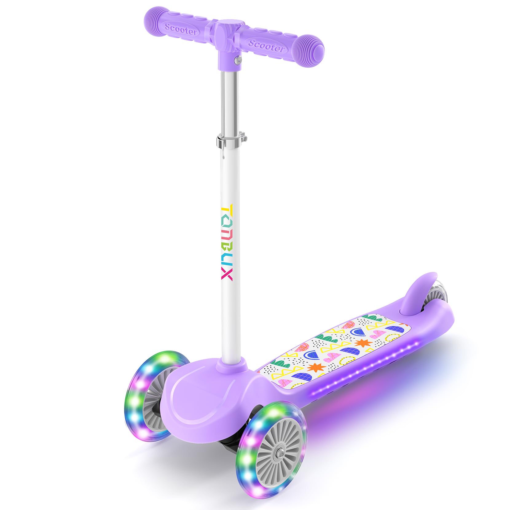 Photo 1 of * POSSIBLE ISSUE WITH DESIGN, COMPARE PHOTO TO STOCKPHOTO FOR REFERENCE, UNSURE HOW TO ASSEMBLE *TONBUX Kids Scooter for Ages 3-8, Toddler Scooter with Light-Up Deck and Wheels, Adjustable 4-Level Height 3-Wheel Scooters for Kids, Lean-to-Steer Design (Pu