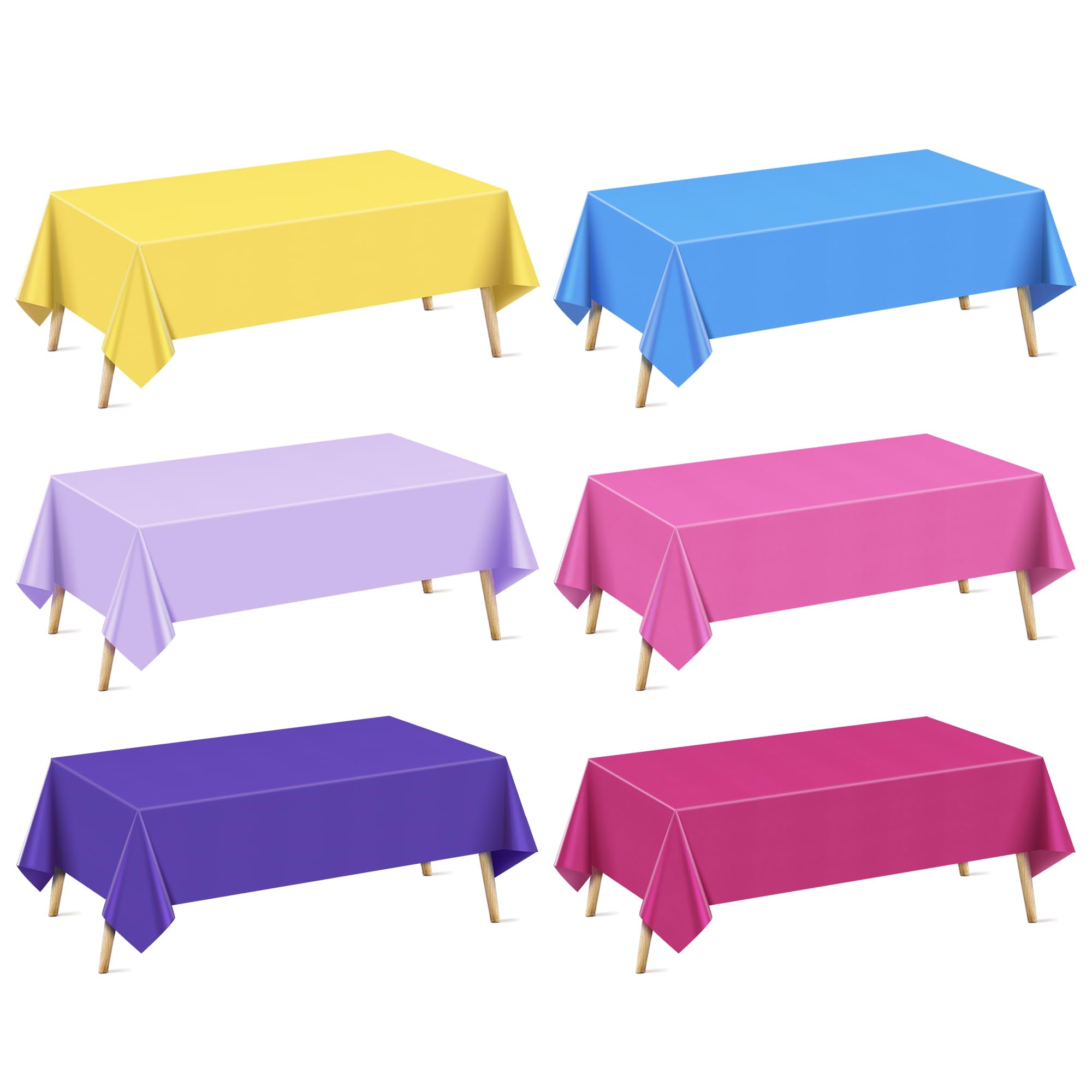 6 Pcs Pink & Purple & Blue Series Rectangle Tablecloth, 54x72" Solid Color Waterproof & Spillproof Disposable Plastic Table Cover, Durable Party Tablecloth for Dining, Buffet, Picnic, Outdoor Events
