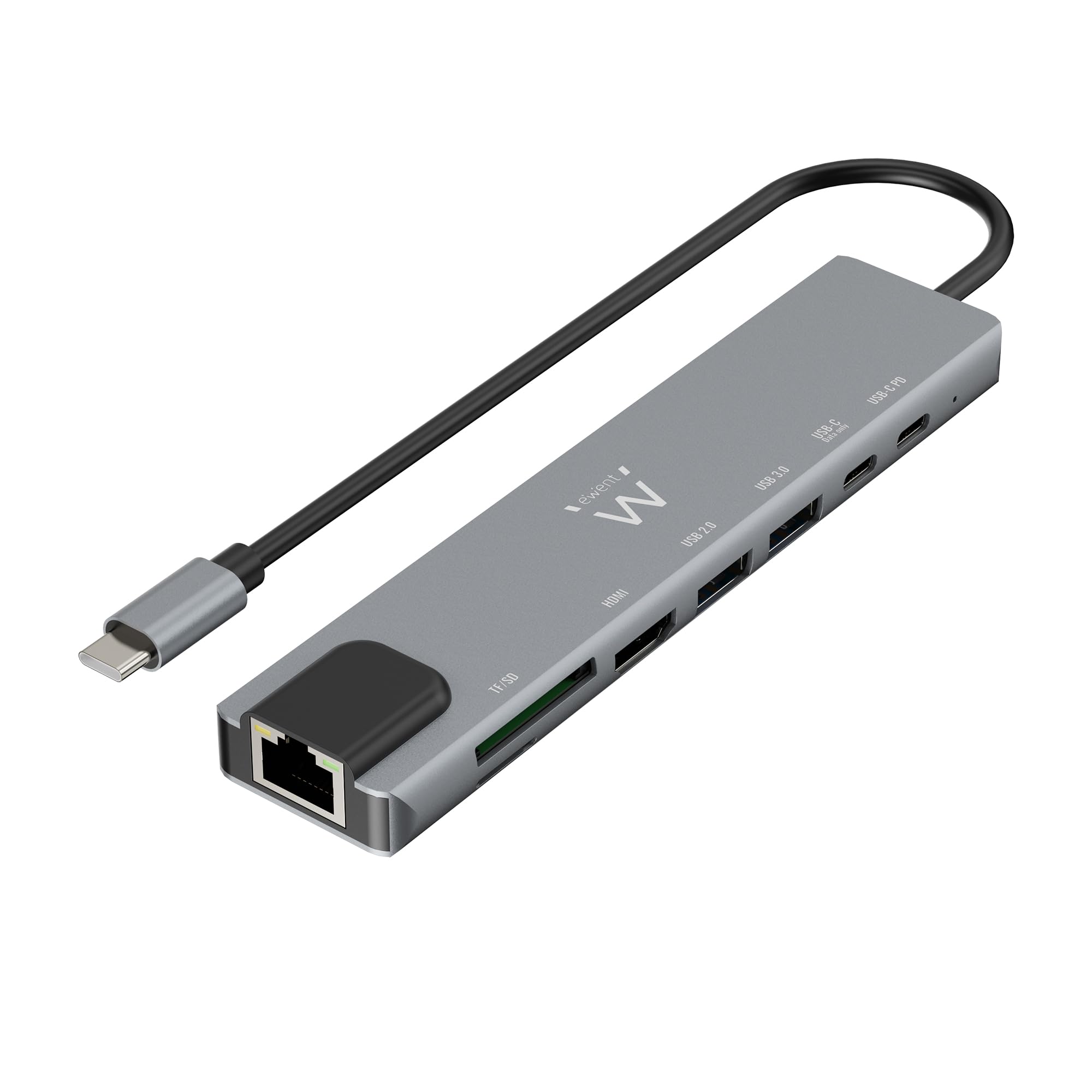Ewent USB-C HDMI 8-in-1 Hub, USB-C to Dock Multiport 8-in-1, USB C Hub with 1000Mbps Ethernet, HDMI 4K, 1 USB-C PD port, 1 USB-C port, 2 USB-A ports, 1 LAN port, 1 SD/TF Card Reader, Aluminium