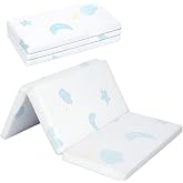 Ressainic Pack and Play Mattress Pad, Trifold Portable Crib Pack N Play Mattresses, 38" x 26" x 1.5" Jacquard Playpen Mattress for Travel Soft Play Yard Mattress with Washable Cover, Moon/Star