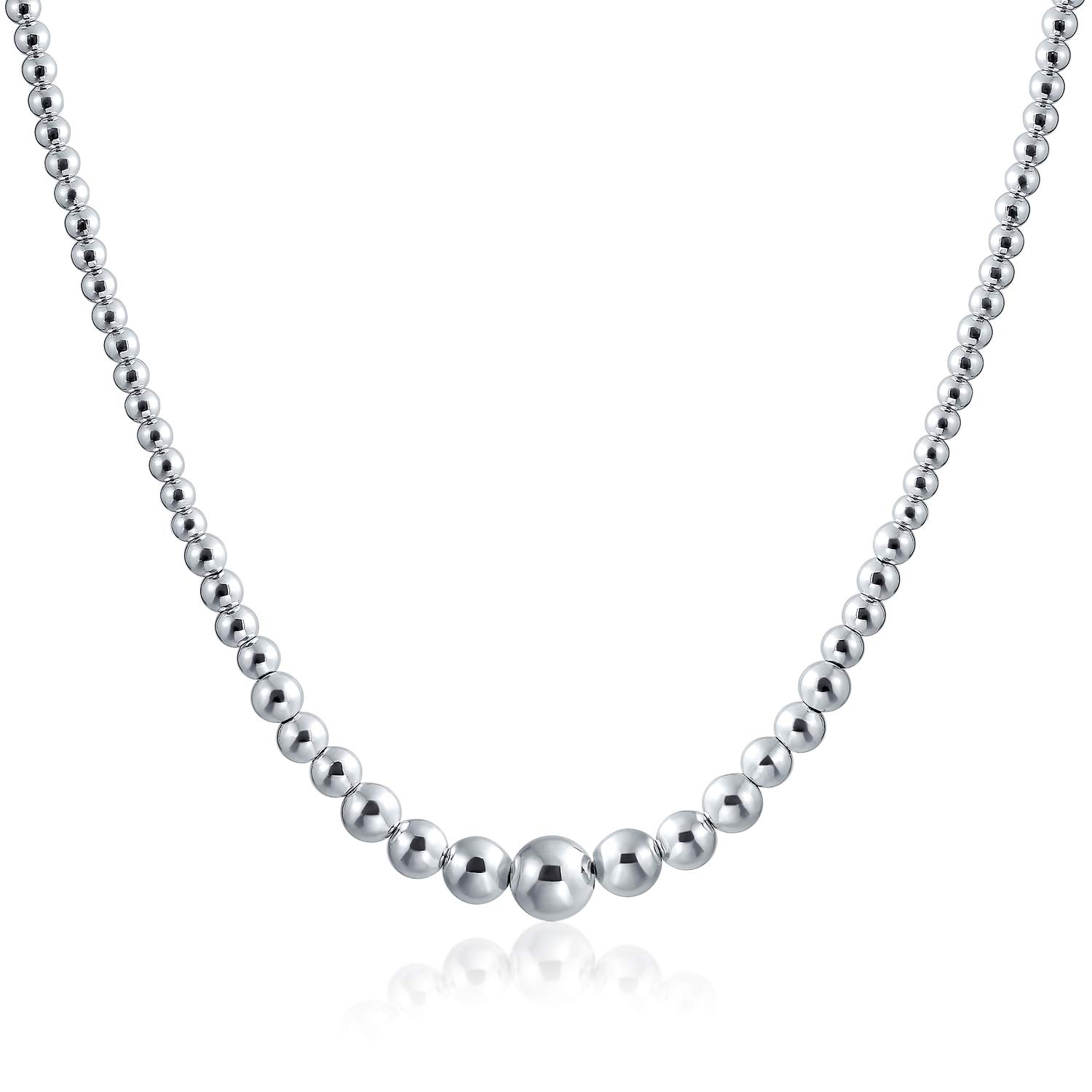 Bling Jewelry Traditional Classic Shinny Polished .925 Sterling Silver Graduated Round Lightweight Bead Ball Strand Necklace For Women 16 Inch Hand Strung