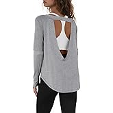 Tankaneo Womens Open Back Workout Shirts Casual Long Sleeve Boat Neck Tops Athletic Gym Yoga Tees with Thumb Holes