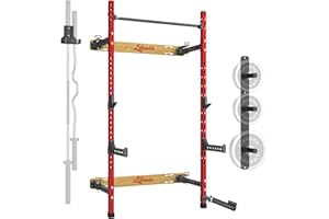 Liksodo Folding Wall Mounted Squat Rack with Barbell Wall Holder and Wall Mounted Weight Plate Holder for Space-Saving Home Gym
