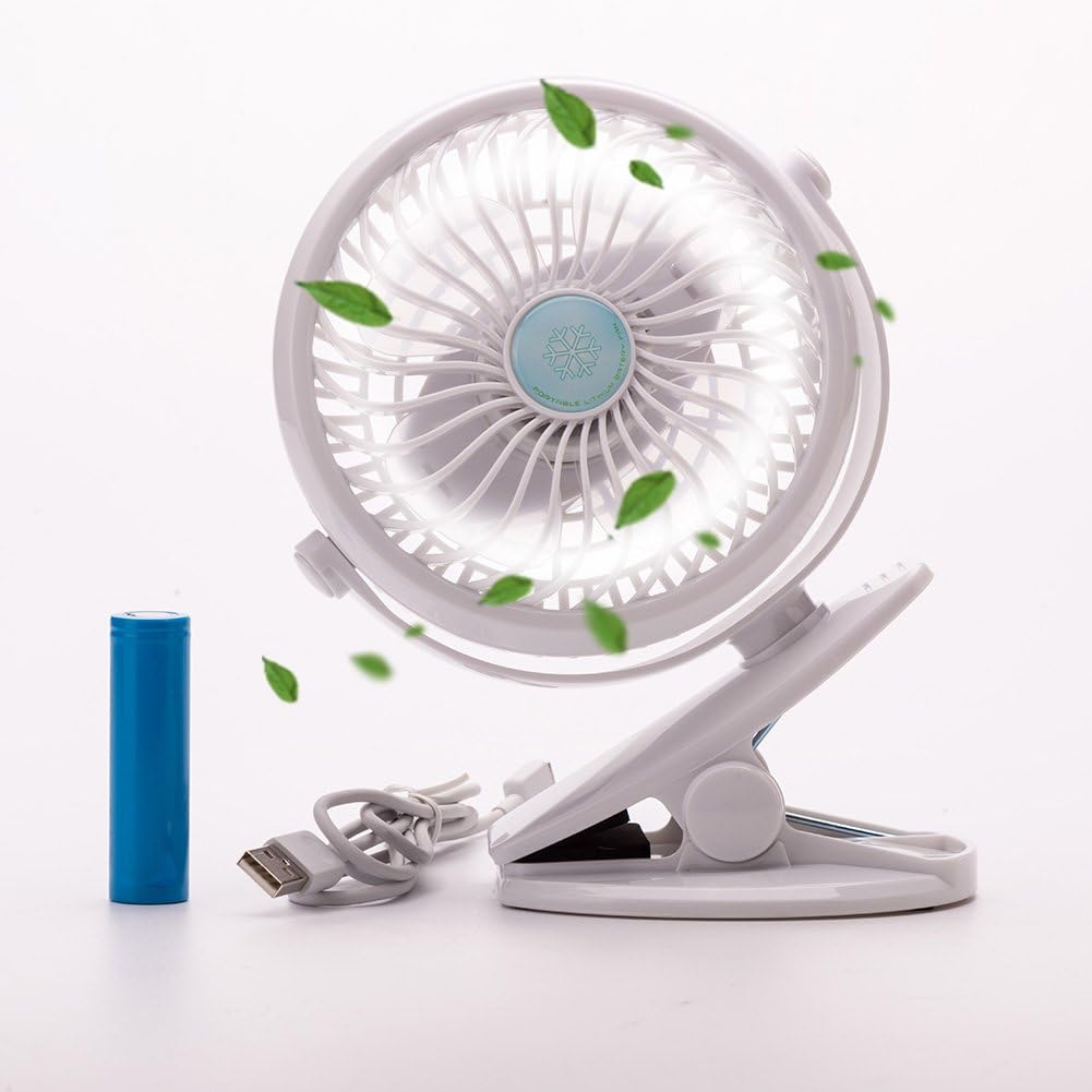 Rechargeable Battery USB Desk Fan mini Table Fan Clip, Stroller Fan with USB Charging Cable, for Home/Office (White)