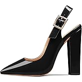 Eldof Women's Slingback Pointed Toe Pumps Ankle Strap Chunky High Heels 4.7" High Block Heel Pumps Dress Shoes