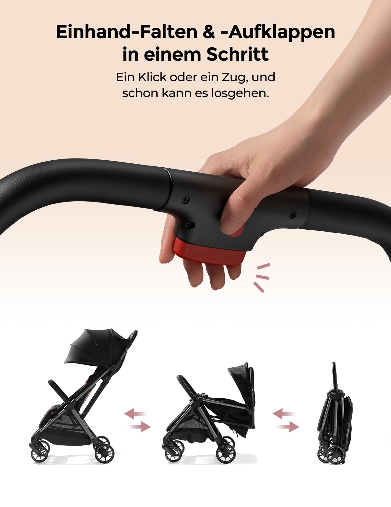 Momcozy ClickGo Buggy klein zusammenklappbar als Flugzeug-Handgepäck, Einhand-Klappmechanismus, mit Liegefunktion, UV-Schutz 50+, XL-Korb bis 3 kg, Geeignet von 0–4 Jahren bis 22 kg, Schwarz 3