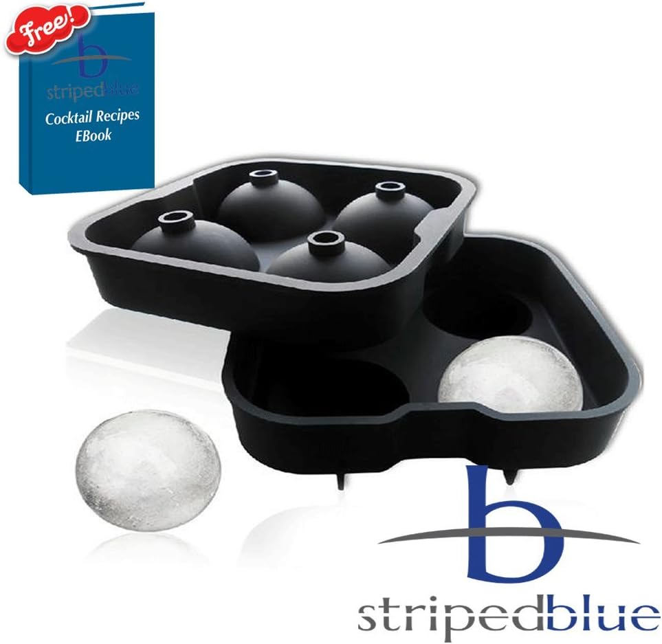Striped Blue Ice Ball Maker Mold - 4 Whiskey Ice Balls - Premium Round Spheres Tray - Get free EBook