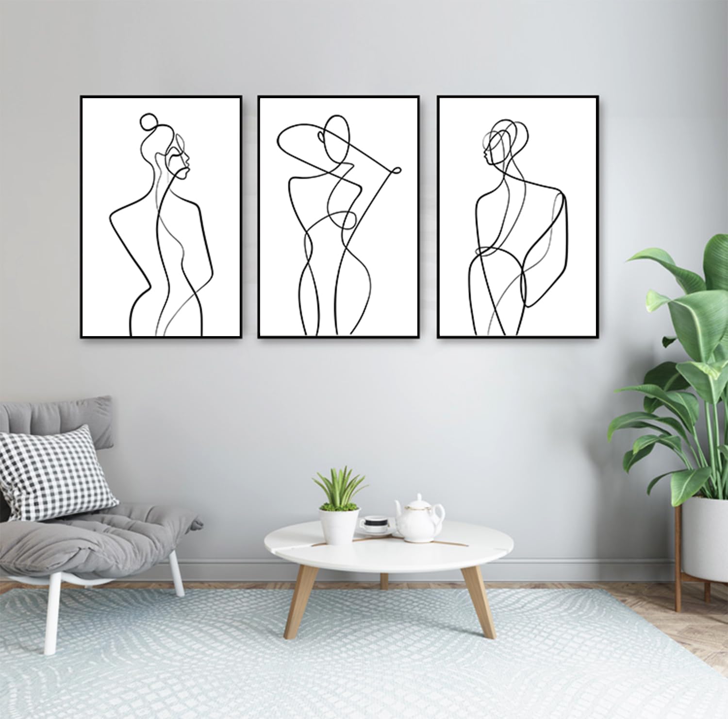 JNAOZI Minimalist Abstract Woman Wall Art, 3 Pieces Modern Female Body Line Wall Art Decor for Living Room Bedroom Office Studio Wall Decorations, No Frame (Poster-02,3Pcs-60x90cm)