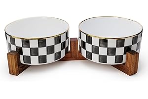 Podinor Ceramic Dog Bowls for Medium Dogs, 3.5 Cup Checkered Dog Food and Water Bowl with Acacia Wood Stand, Non-Slip Anti-Tip Elevated Feeding Station, Black and White