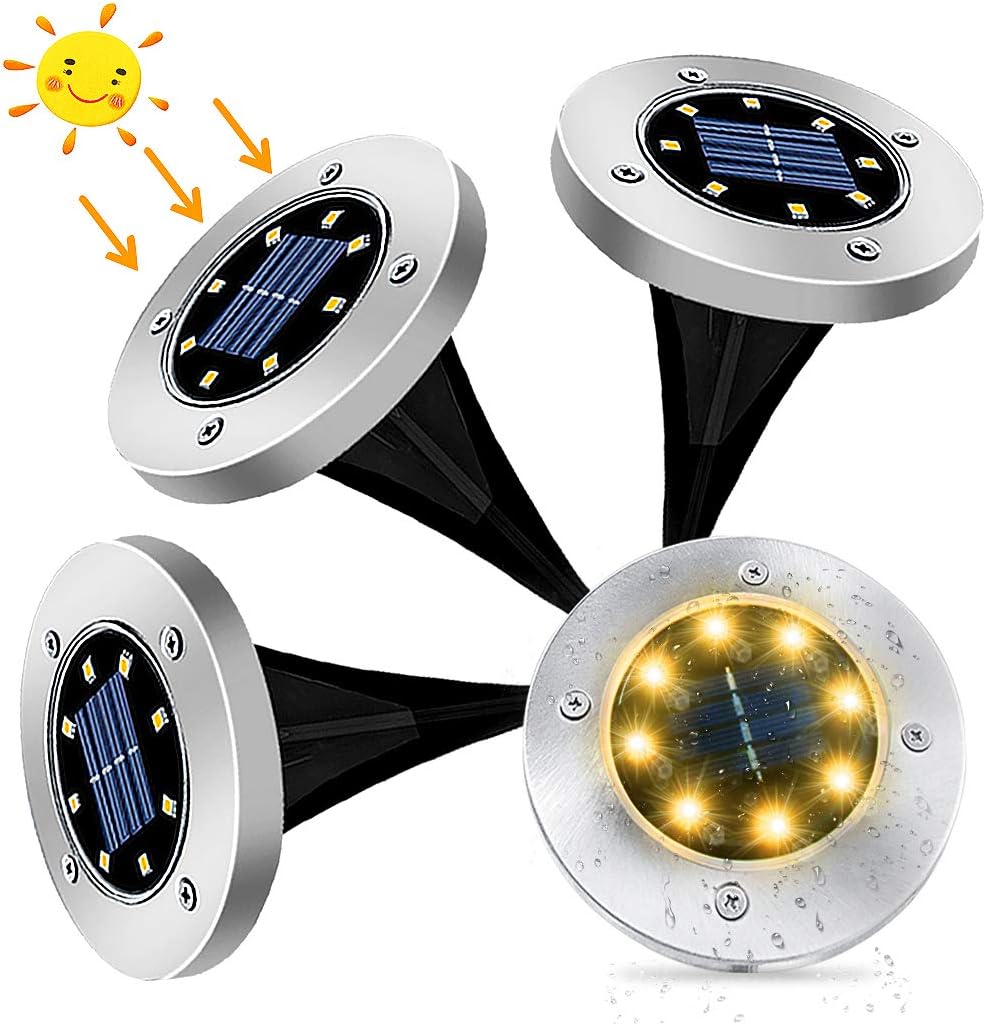 Solar Garden Lights, LED Solar Powered Outdoor Ground Lights Waterproof Solar Disk Lights Automatic Sensor Stainless Steel, Solar Landscape Lights for Walkway Pathway Yard Lawn Path (4Pack Warm White)