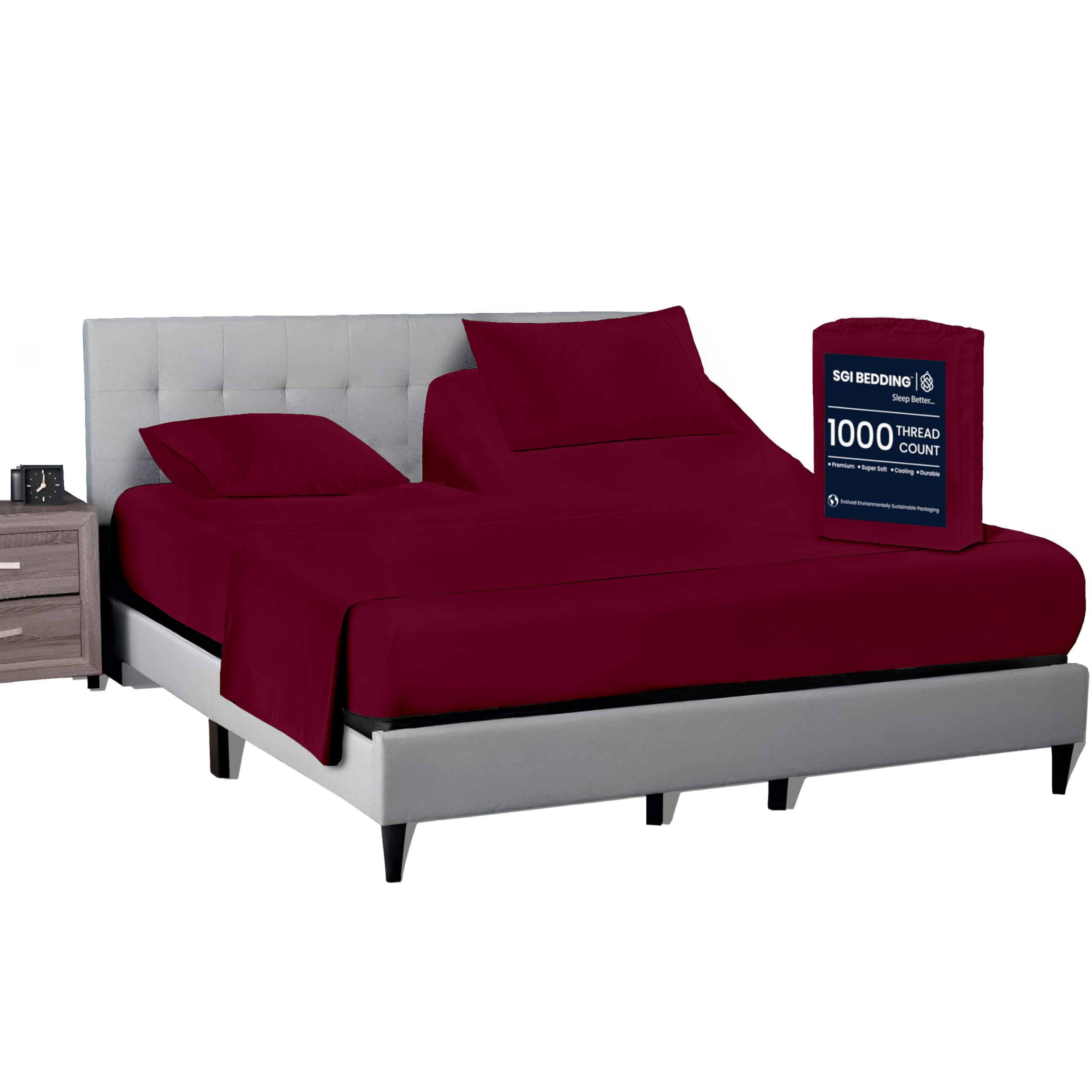 Photo 1 of ***(HEAVILY USED/ MINOR DAMAGE)***SGI bedding 36" King Split Top Flex Head Sheet 100% Egyptian Cotton Sheet Set 1000 Thread Count Flex Top Sheet for Adjustable Bed 4Pc Sheet Set 15" Deep Pocket for Sleep Number Bed - Burgundy