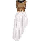 ODASDO Women's Asymmetrical Overlays Dresses Metallic Color Block Praise Lyrical Dance Dress Tunic Irregular Hem Dancewear