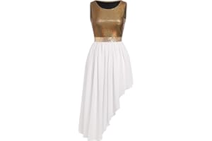 AFAVOM Women Metallic Sequin Praise Dance Dress Asymmetric Ruffle Overlay Dress Liturgical Lyrical Dancewear Worship Costume