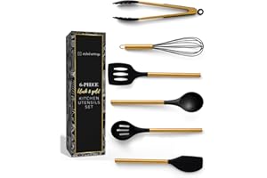 Black and Gold Kitchen Utensils Set - 6-PC Silicone Utensils Set Include Tongs, Whisk, Serving Spoon, Spatula, and Turner for
